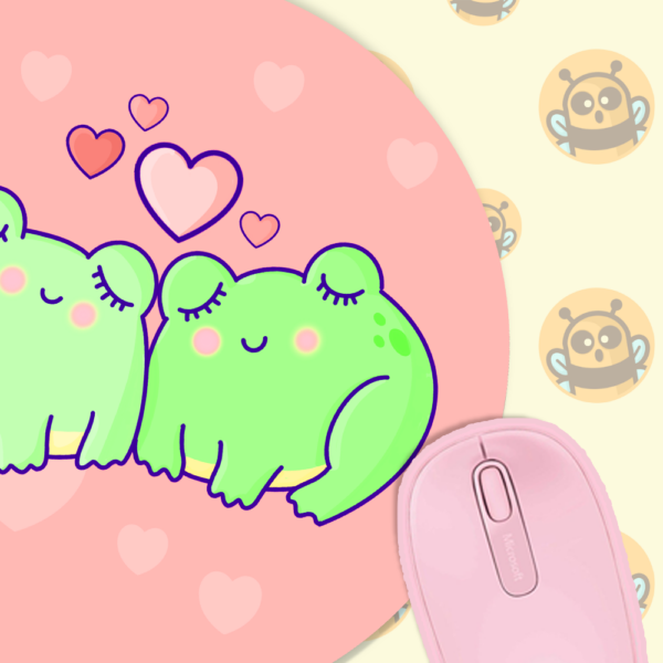 This image shows an hand-drawn adorable mousepad, Froggy Love Mousepad, which is available to purchase from HunnieByte.com