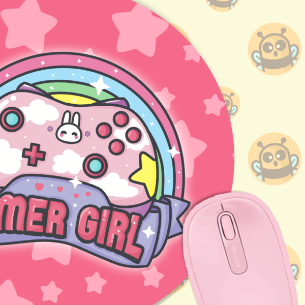 This image shows an hand-drawn adorable mousepad, Gamer Girl Mousepad, which is available to purchase from HunnieByte.com