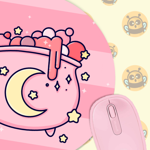 This image shows an hand-drawn adorable mousepad, Pink Moon Cauldron Mousepad, which is available to purchase from HunnieByte.com