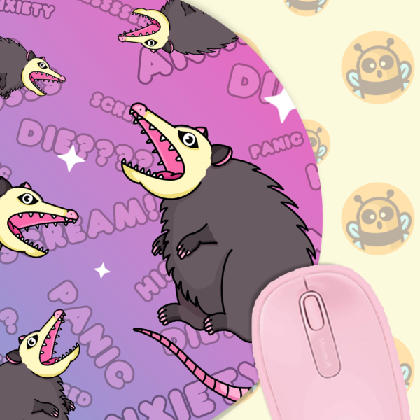 This image shows an hand-drawn adorable mousepad, Screaming Possum Mousepad, which is available to purchase from HunnieByte.com