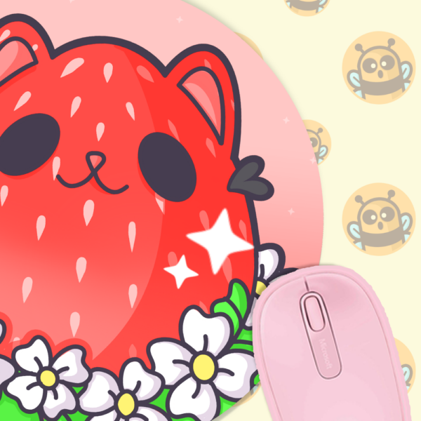 This image shows an hand-drawn adorable mousepad, Kitty Berry Mousepad, which is available to purchase from HunnieByte.com