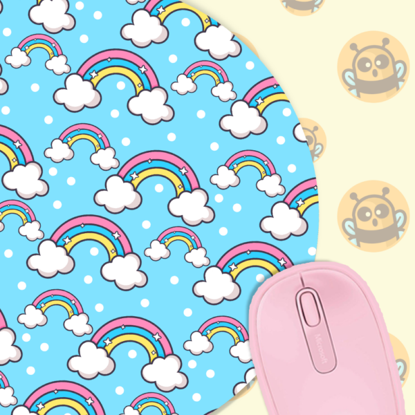 This image shows an hand-drawn adorable mousepad, Blue Rainbow Mousepad, which is available to purchase from HunnieByte.com