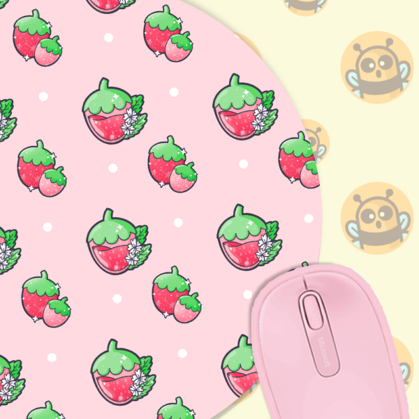 This image shows an hand-drawn adorable mousepad, Juicy Strawberry Mousepad, which is available to purchase from HunnieByte.com