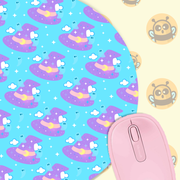 This image shows an hand-drawn adorable mousepad, Pastel Witches Hat Mousepad, which is available to purchase from HunnieByte.com