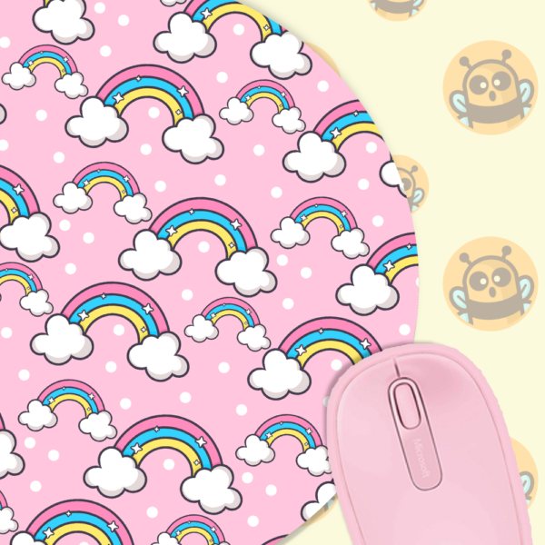 This image shows an hand-drawn adorable mousepad, Pink Rainbows Mousepad, which is available to purchase from HunnieByte.com