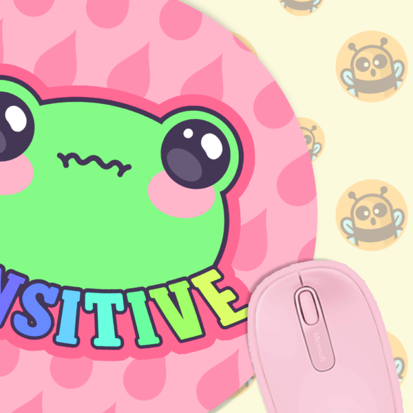 This image shows an hand-drawn adorable mousepad, Sensitive Frog Pink Mousepad, which is available to purchase from HunnieByte.com