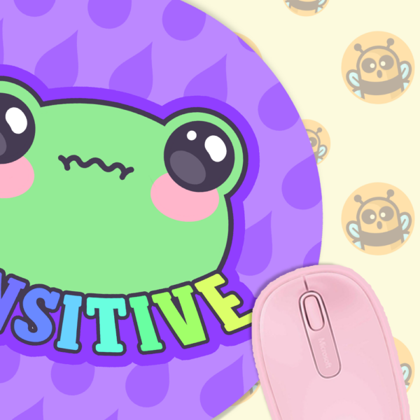 This image shows an hand-drawn adorable mousepad, Sensitive Frog Purple Mousepad, which is available to purchase from HunnieByte.com