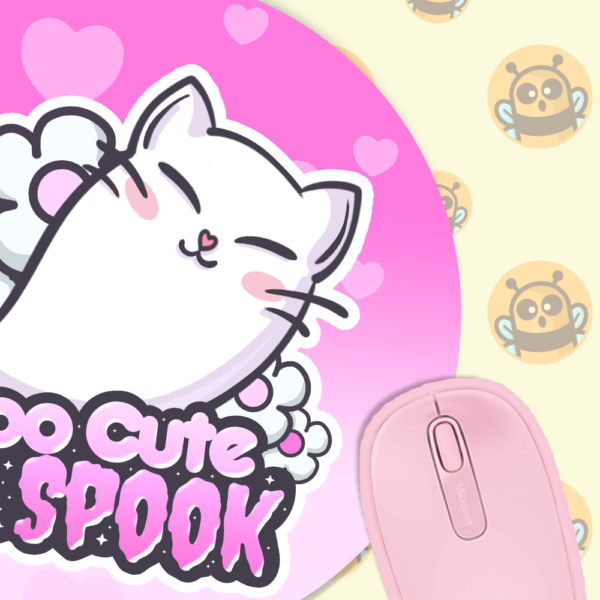 This image shows an hand-drawn adorable mousepad, Too Cute To Spook Mousepad, which is available to purchase from HunnieByte.com