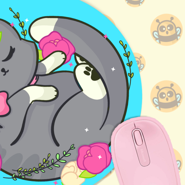 This image shows an hand-drawn adorable mousepad, Floral Gray Kitty Mousepad, which is available to purchase from HunnieByte.com