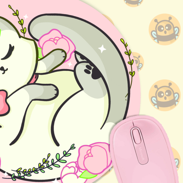 This image shows an hand-drawn adorable mousepad, Floral White Kitty Mousepad, which is available to purchase from HunnieByte.com