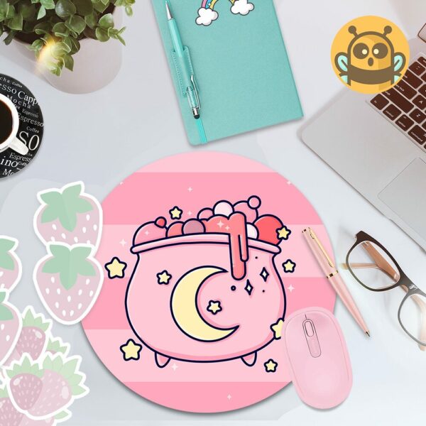 This image shows an hand-drawn adorable mousepad, Pink Moon Cauldron Mousepad, which is available to purchase from HunnieByte.com