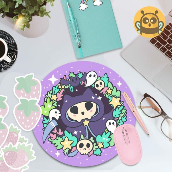 This image shows an hand-drawn adorable mousepad, Kitty Reaper Mousepad, which is available to purchase from HunnieByte.com