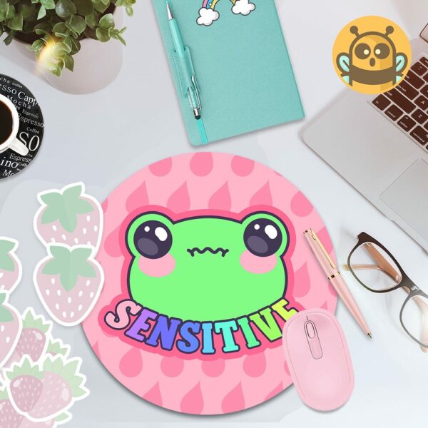 This image shows an hand-drawn adorable mousepad, Sensitive Frog Pink Mousepad, which is available to purchase from HunnieByte.com