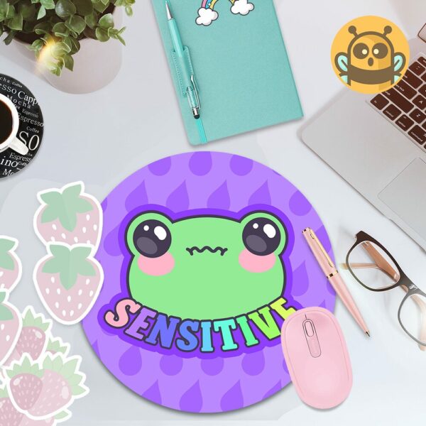 This image shows an hand-drawn adorable mousepad, Sensitive Frog Purple Mousepad, which is available to purchase from HunnieByte.com