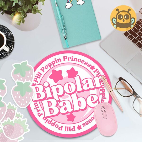 This image shows an hand-drawn adorable mousepad, Bipolar Babe Mousepad, which is available to purchase from HunnieByte.com