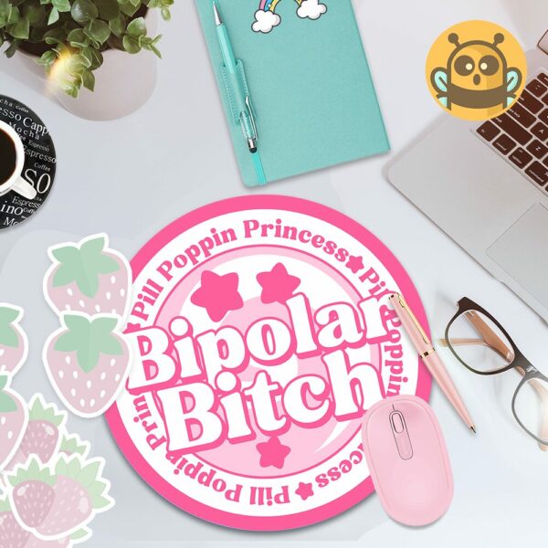 This image shows an hand-drawn adorable mousepad, Bipolar Bitch Mousepad, which is available to purchase from HunnieByte.com