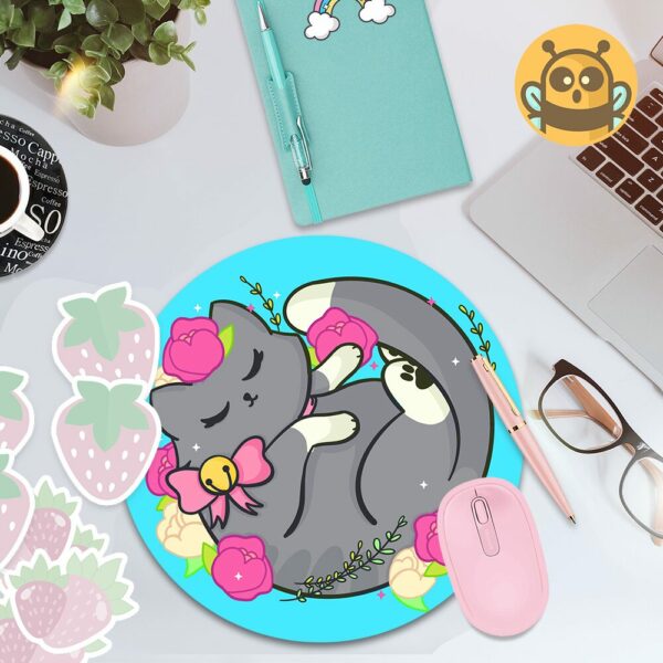 This image shows an hand-drawn adorable mousepad, Floral Gray Kitty Mousepad, which is available to purchase from HunnieByte.com