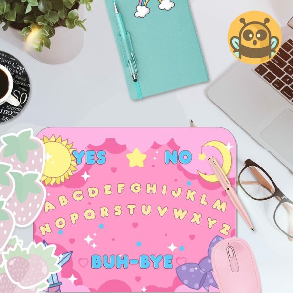 This image shows an hand-drawn adorable mousepad, BuhBye Pink Sword Ouija Mousepad, which is available to purchase from HunnieByte.com