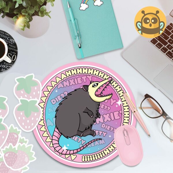 This image shows an hand-drawn adorable mousepad, Ahhh Round Possum Mousepad, which is available to purchase from HunnieByte.com