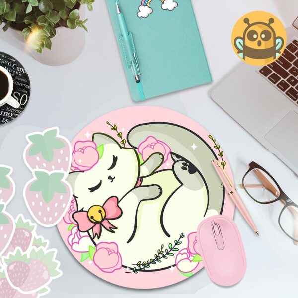 This image shows an hand-drawn adorable mousepad, Floral White Kitty Mousepad, which is available to purchase from HunnieByte.com