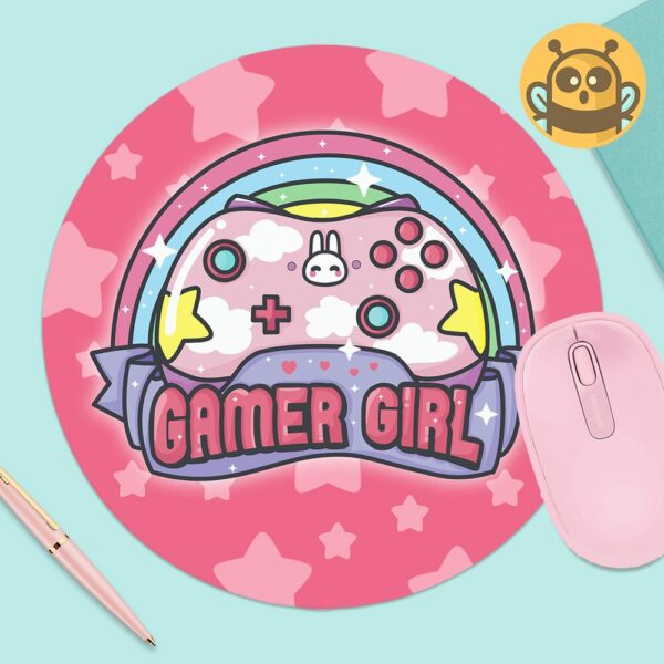 This image shows an hand-drawn adorable mousepad, Gamer Girl Mousepad, which is available to purchase from HunnieByte.com