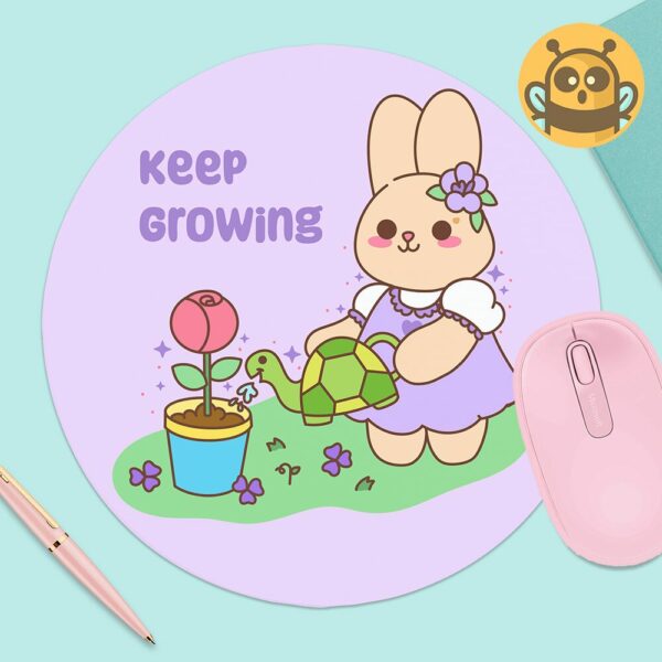 This image shows an hand-drawn adorable mousepad, Lavender The Bunny Keep Growing Mousepad, which is available to purchase from HunnieByte.com