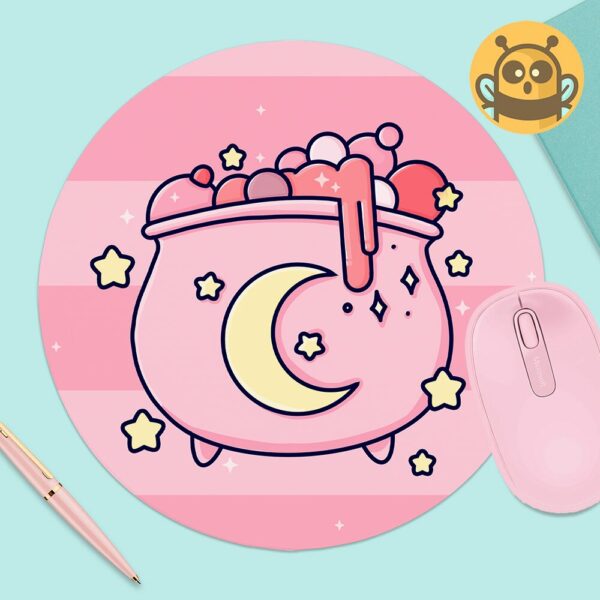 This image shows an hand-drawn adorable mousepad, Pink Moon Cauldron Mousepad, which is available to purchase from HunnieByte.com