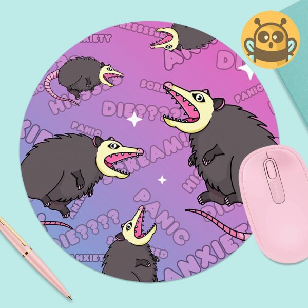 This image shows an hand-drawn adorable mousepad, Screaming Possum Mousepad, which is available to purchase from HunnieByte.com