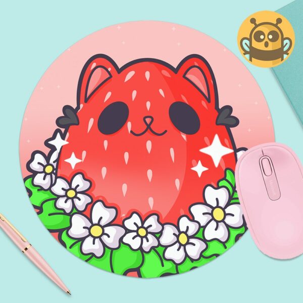 This image shows an hand-drawn adorable mousepad, Kitty Berry Mousepad, which is available to purchase from HunnieByte.com