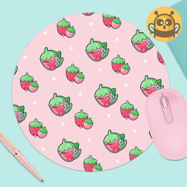 This image shows an hand-drawn adorable mousepad, Juicy Strawberry Mousepad, which is available to purchase from HunnieByte.com