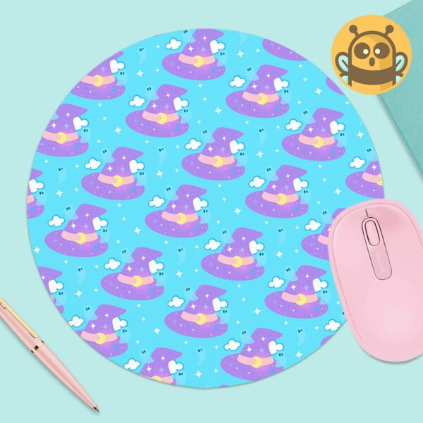 This image shows an hand-drawn adorable mousepad, Pastel Witches Hat Mousepad, which is available to purchase from HunnieByte.com