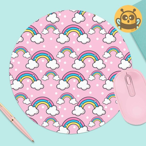 This image shows an hand-drawn adorable mousepad, Pink Rainbows Mousepad, which is available to purchase from HunnieByte.com