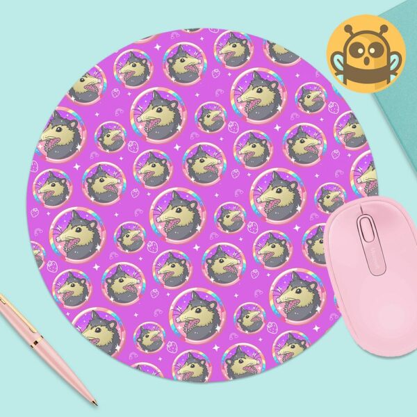 This image shows an hand-drawn adorable mousepad, Rainbow Possum Mousepad, which is available to purchase from HunnieByte.com