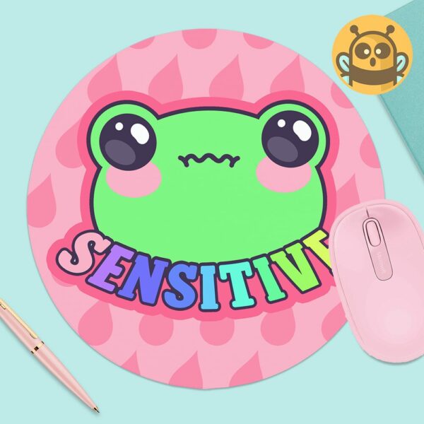 This image shows an hand-drawn adorable mousepad, Sensitive Frog Pink Mousepad, which is available to purchase from HunnieByte.com