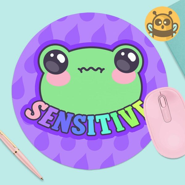 This image shows an hand-drawn adorable mousepad, Sensitive Frog Purple Mousepad, which is available to purchase from HunnieByte.com