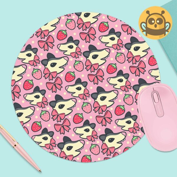 This image shows an hand-drawn adorable mousepad, Strawberry Possum Mousepad, which is available to purchase from HunnieByte.com