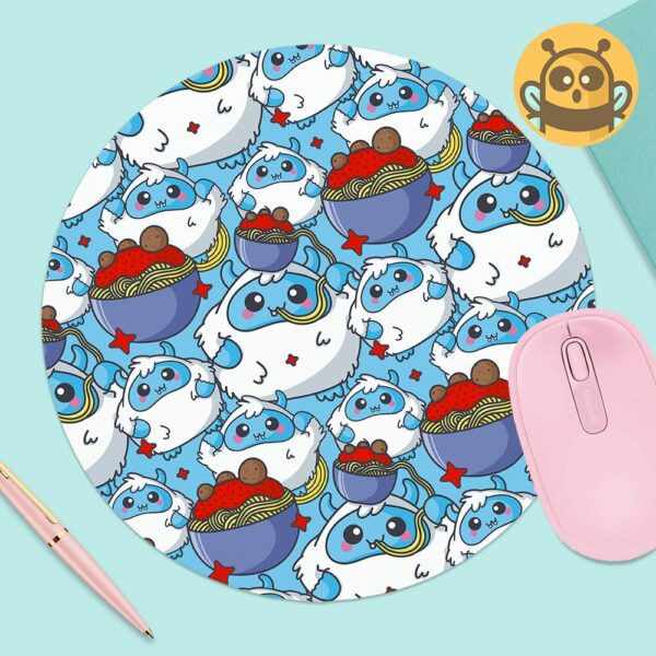 This image shows an hand-drawn adorable mousepad, Yeti Spaghetti Mousepad, which is available to purchase from HunnieByte.com