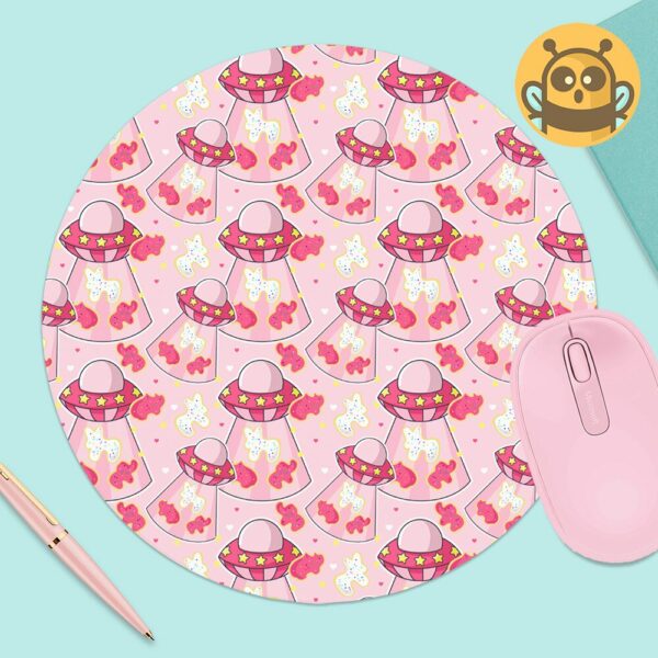 This image shows an hand-drawn adorable mousepad, Animal Cookie UFO Mousepad, which is available to purchase from HunnieByte.com