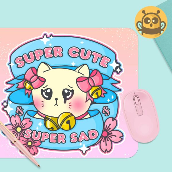 This image shows an hand-drawn adorable mousepad, Super Cute Super Sad Cat Mousepad, which is available to purchase from HunnieByte.com