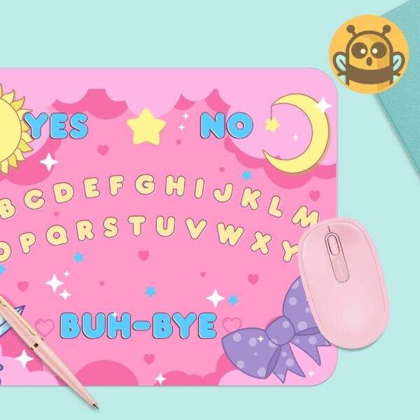 This image shows an hand-drawn adorable mousepad, BuhBye Pink Sword Ouija Mousepad, which is available to purchase from HunnieByte.com