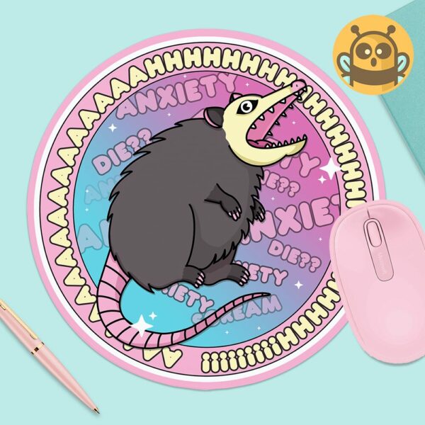 This image shows an hand-drawn adorable mousepad, Ahhh Round Possum Mousepad, which is available to purchase from HunnieByte.com