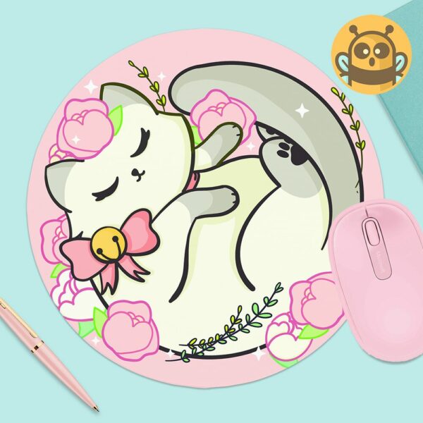 This image shows an hand-drawn adorable mousepad, Floral White Kitty Mousepad, which is available to purchase from HunnieByte.com