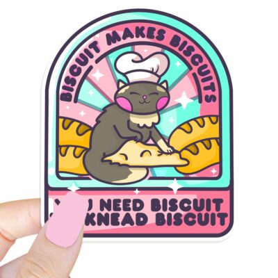 This image shows an hand-drawn adorable sticker, Biscuit Kitty Bakery Sticker, which is available to purchase from HunnieByte.com