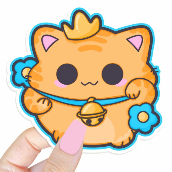 This image shows an hand-drawn adorable sticker, Royal Lucky Cat Sticker, which is available to purchase from HunnieByte.com