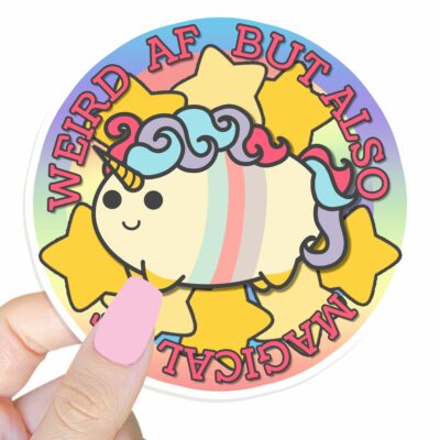 This image shows our adorable sticker finishes, Weird AF Magical AF Sticker, which is available to purchase from HunnieByte.com