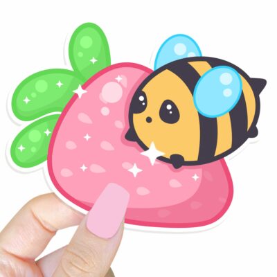 This image shows an hand-drawn adorable sticker, Berry Bee Sticker, which is available to purchase from HunnieByte.com