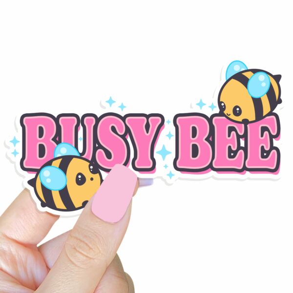 This image shows an hand-drawn adorable sticker, Busy Bee Sticker, which is available to purchase from HunnieByte.com