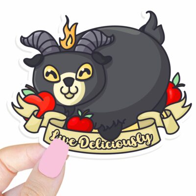 This image shows our adorable sticker finishes, Live Deliciously Goat Sticker, which is available to purchase from HunnieByte.com