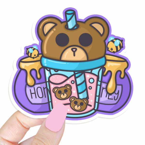 This image shows an hand-drawn adorable sticker, Bear Honey Juice Sticker, which is available to purchase from HunnieByte.com