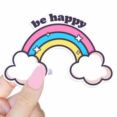 This image shows an hand-drawn adorable sticker, Be Happy Rainbow Sticker, which is available to purchase from HunnieByte.com